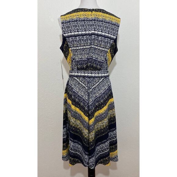 NWT ILE Size 12 Yellow Gray Fit & Flare Belted Chevron Stripe Dress Sleeveless - Picture 4 of 7
